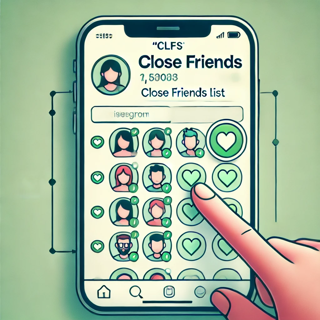 Instagram interface with the Close Friends list being curated, showing the green Close Friends icon and selected friends