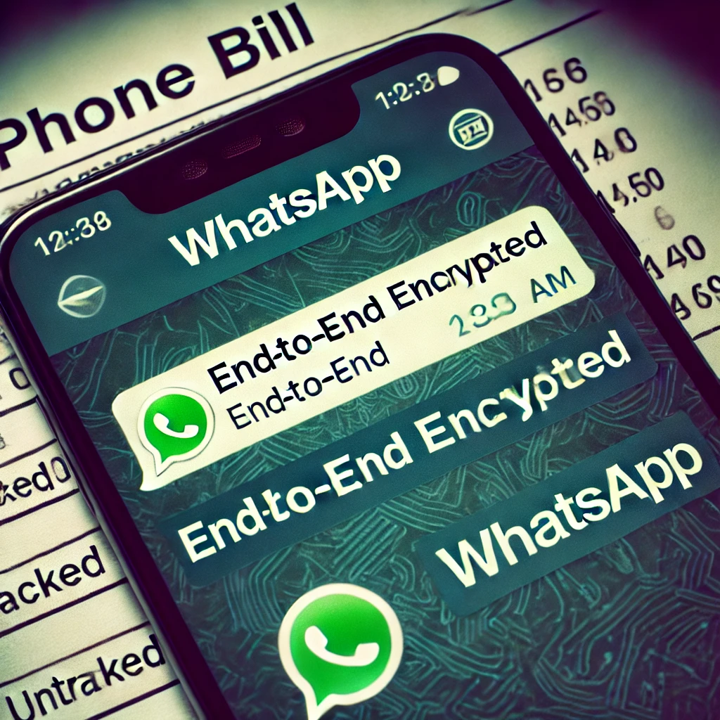 A smartphone screen showing a WhatsApp chat marked as end-to-end encrypted, with a phone bill in the background.