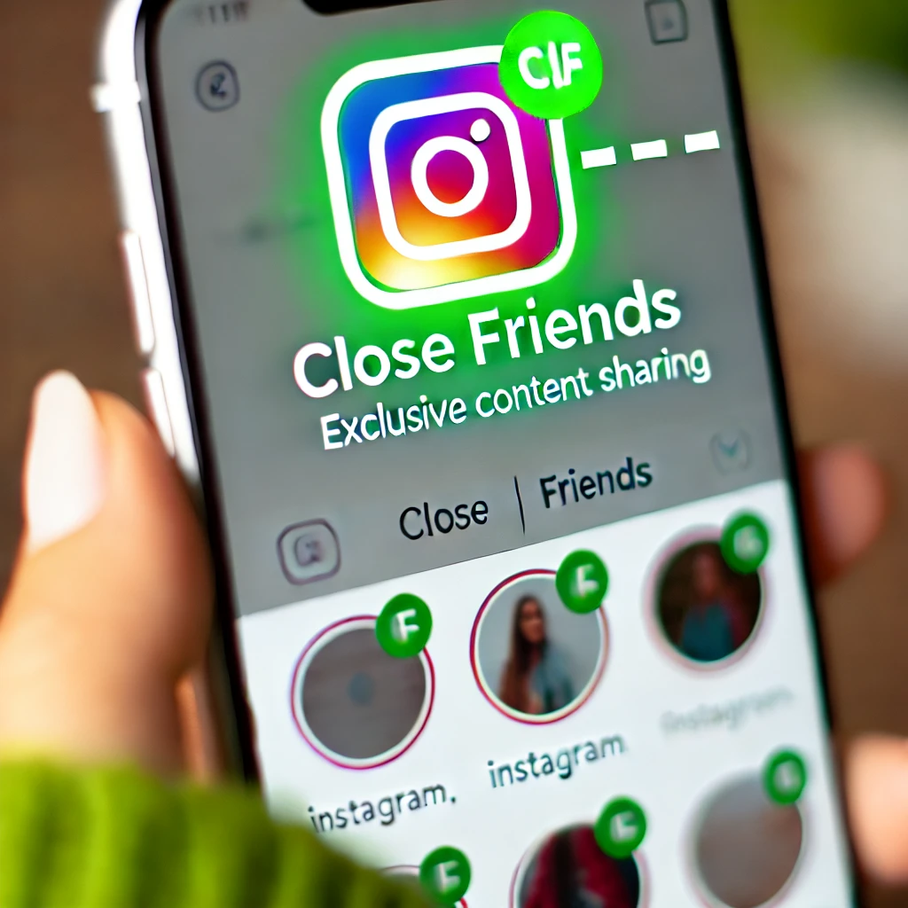 Instagram interface with the Close Friends list being curated, showing the green Close Friends icon and selected friends.