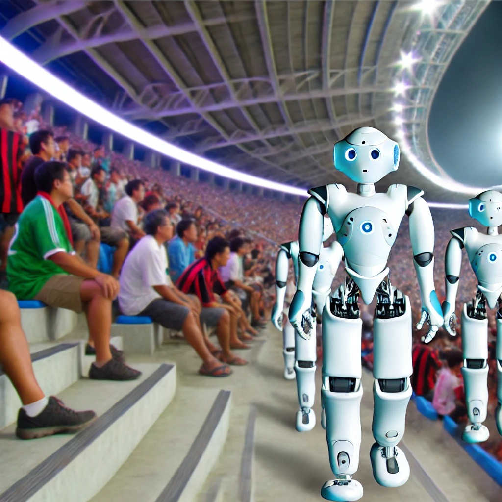  A wide-angle shot of AI robots interacting with fans in a stadium.