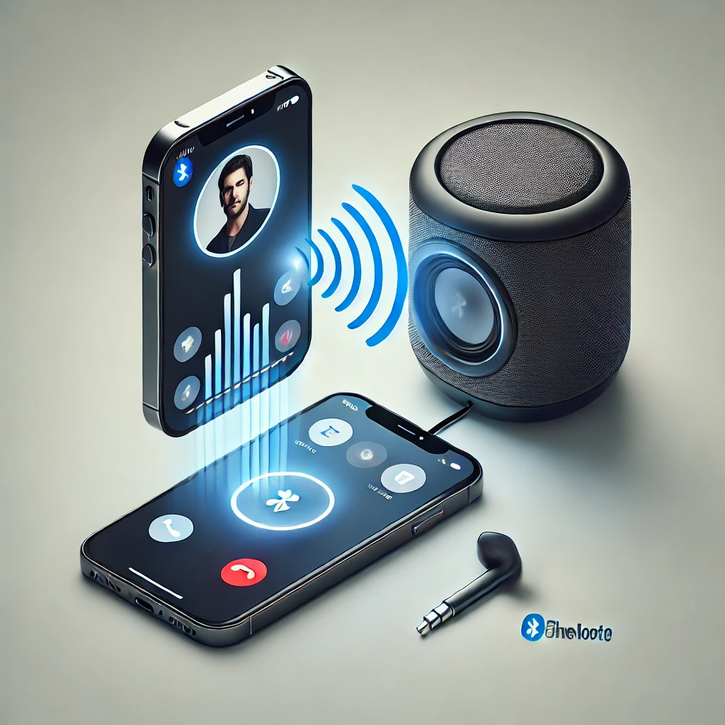 iPhone connected to a Bluetooth speaker with a FaceTime call in progress, representing the idea of boosting sound quality using external devices during a FaceTime call.