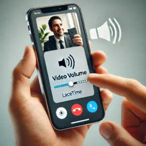 iPhone screen showing a FaceTime call in progress with a video player interface, and the volume being adjusted, representing how to make videos louder while on FaceTime.